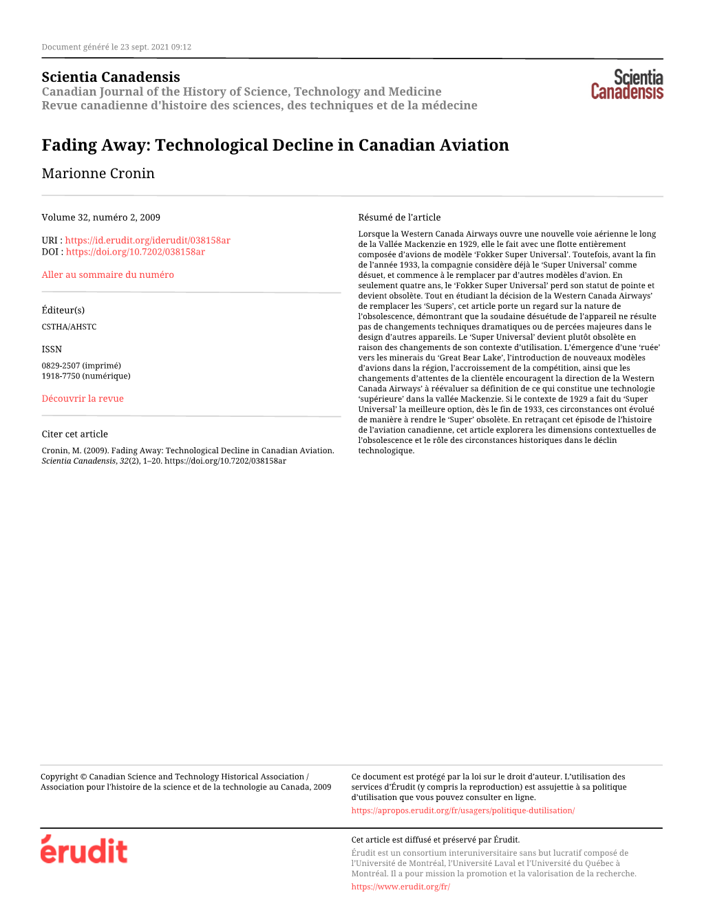 Technological Decline in Canadian Aviation Marionne Cronin