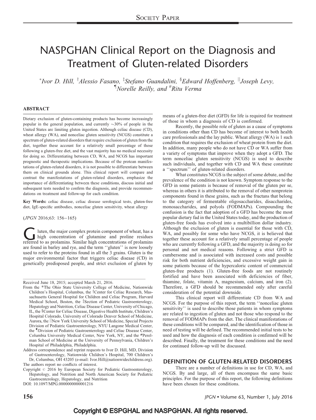 NASPGHAN Clinical Report on the Diagnosis and Treatment of Gluten-Related Disorders