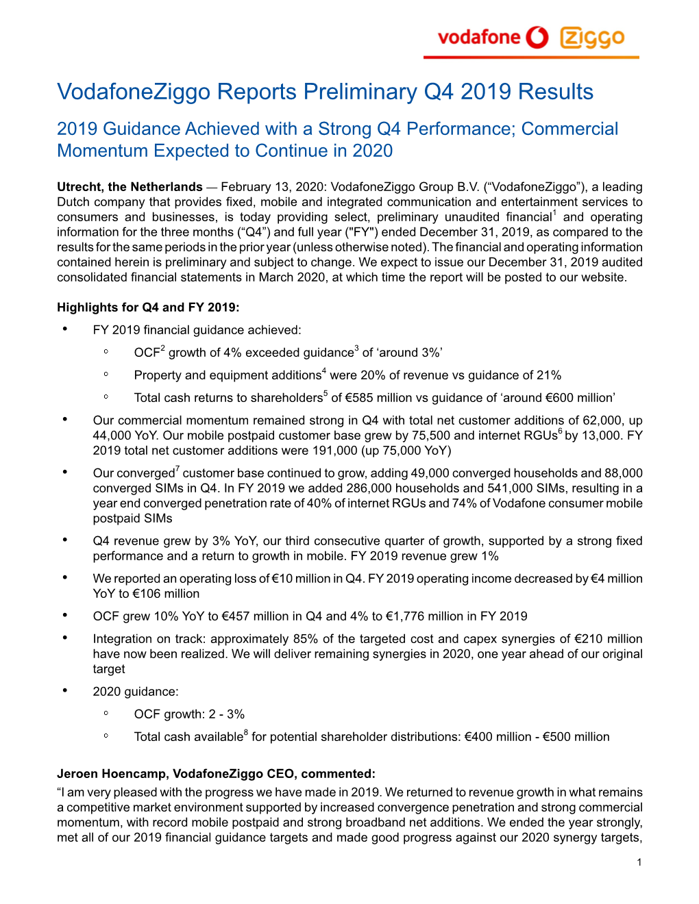 EX 99.1 Vodafoneziggo Fixed Income Q4 2019 Release