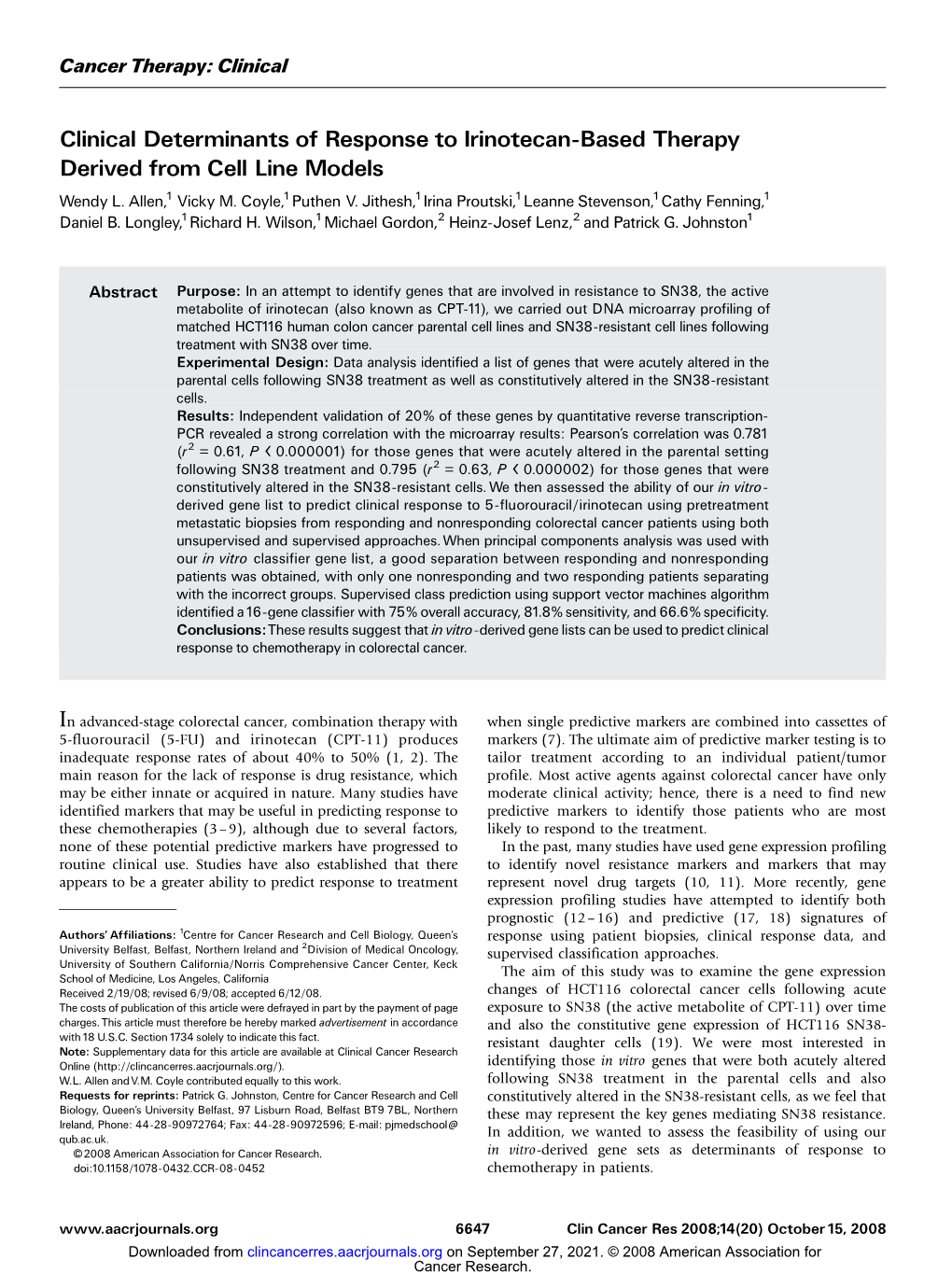 Clinical Determinants of Response to Irinotecan-Based Therapy Derived from Cell Line Models Wendy L