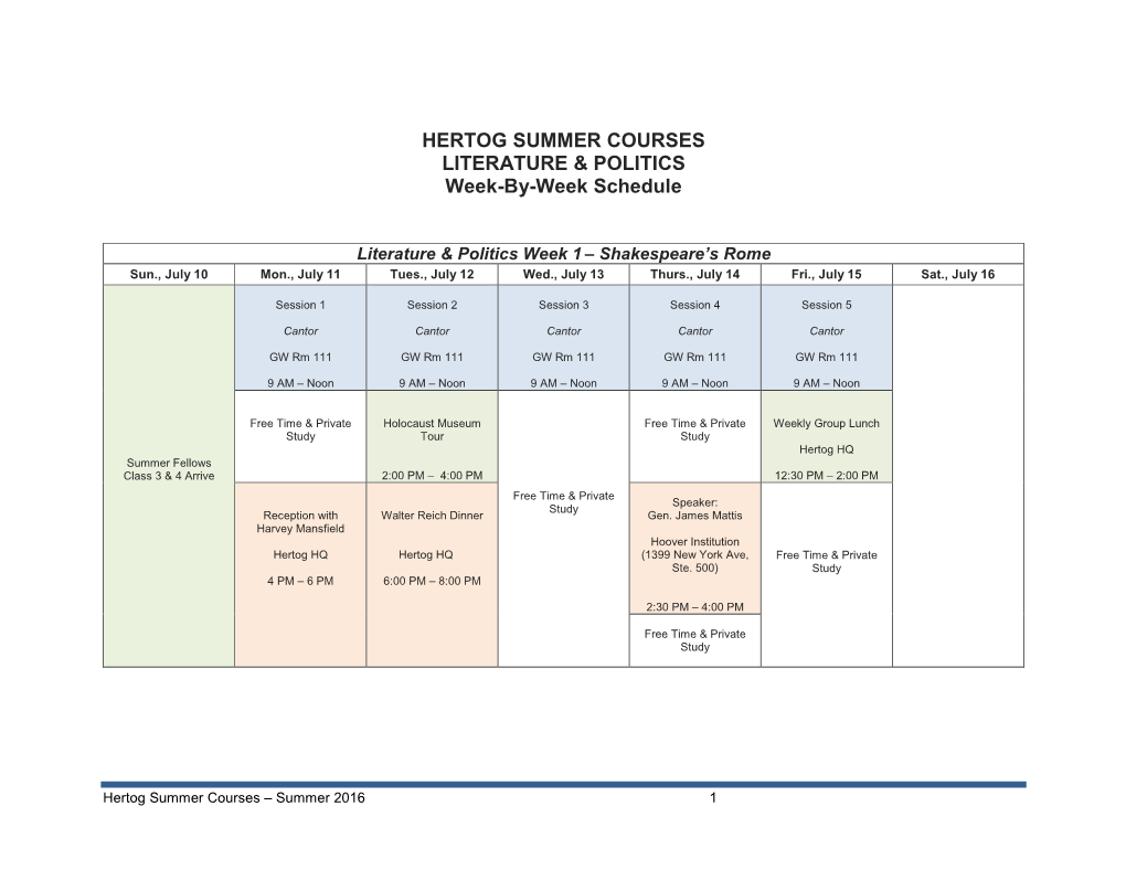 HERTOG SUMMER COURSES LITERATURE & POLITICS Week-By