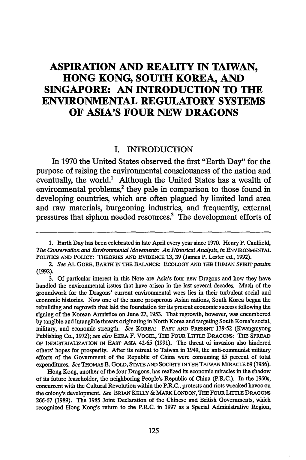 Aspiration and Reality in Taiwan, Hong Kong, South Korea, and Singapore: an Introduction to the Environmental Regulatory Systems of Asia's Four New Dragons