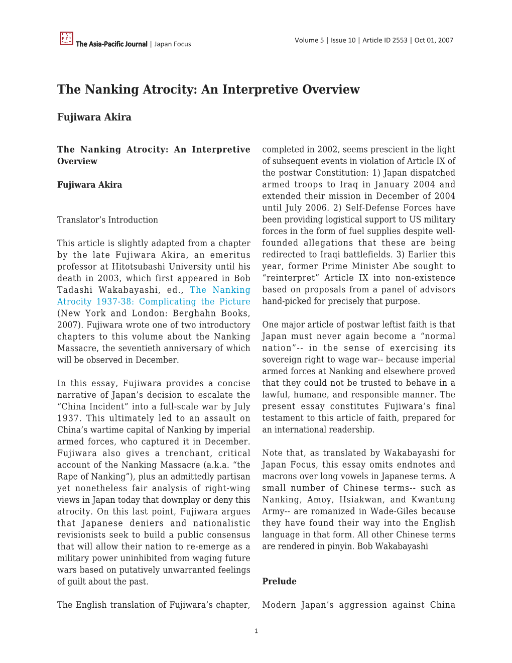 The Nanking Atrocity: an Interpretive Overview