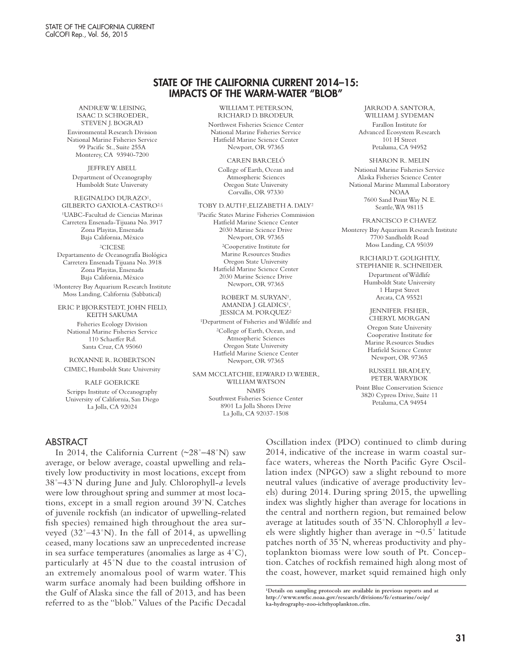 State of the California Current 2014–15: Impacts of the Warm-Water “Blob” Andrew W