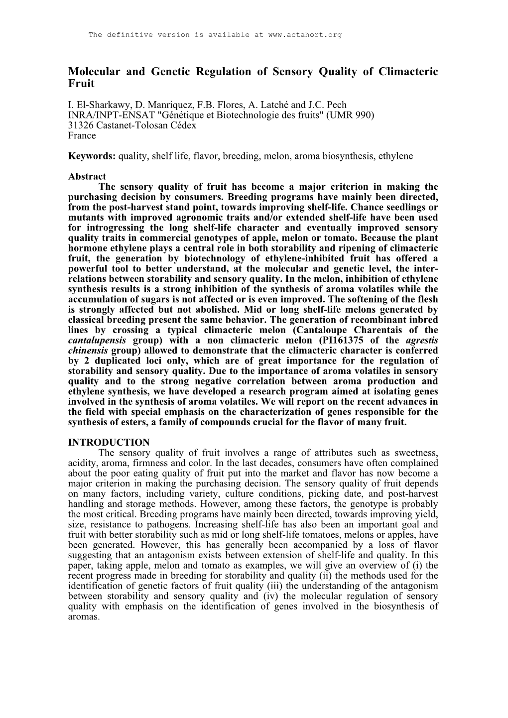 Molecular and Genetic Regulation of Sensory Quality of Climacteric Fruit