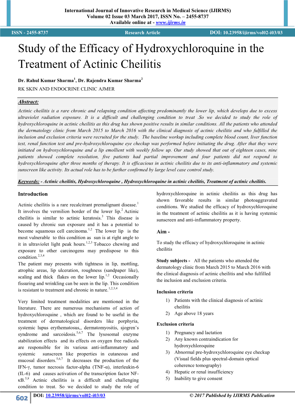 Study of the Efficacy of Hydroxychloroquine in the Treatment of Actinic Cheilitis