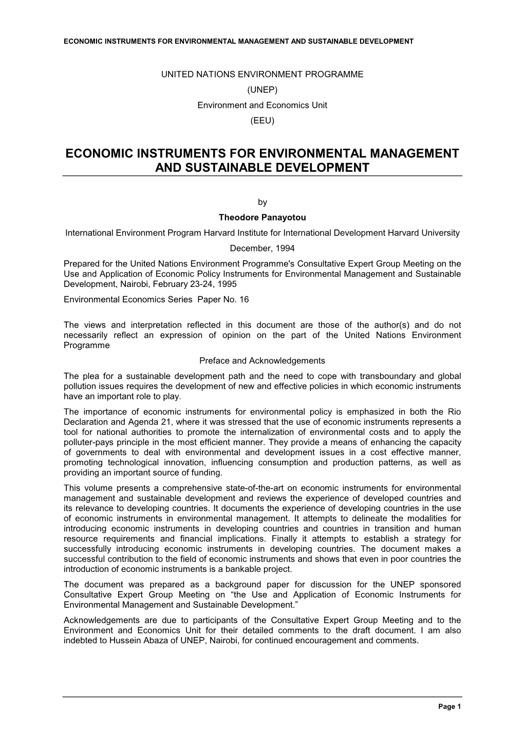 Economic Instruments for Environmental Management and Sustainable Development