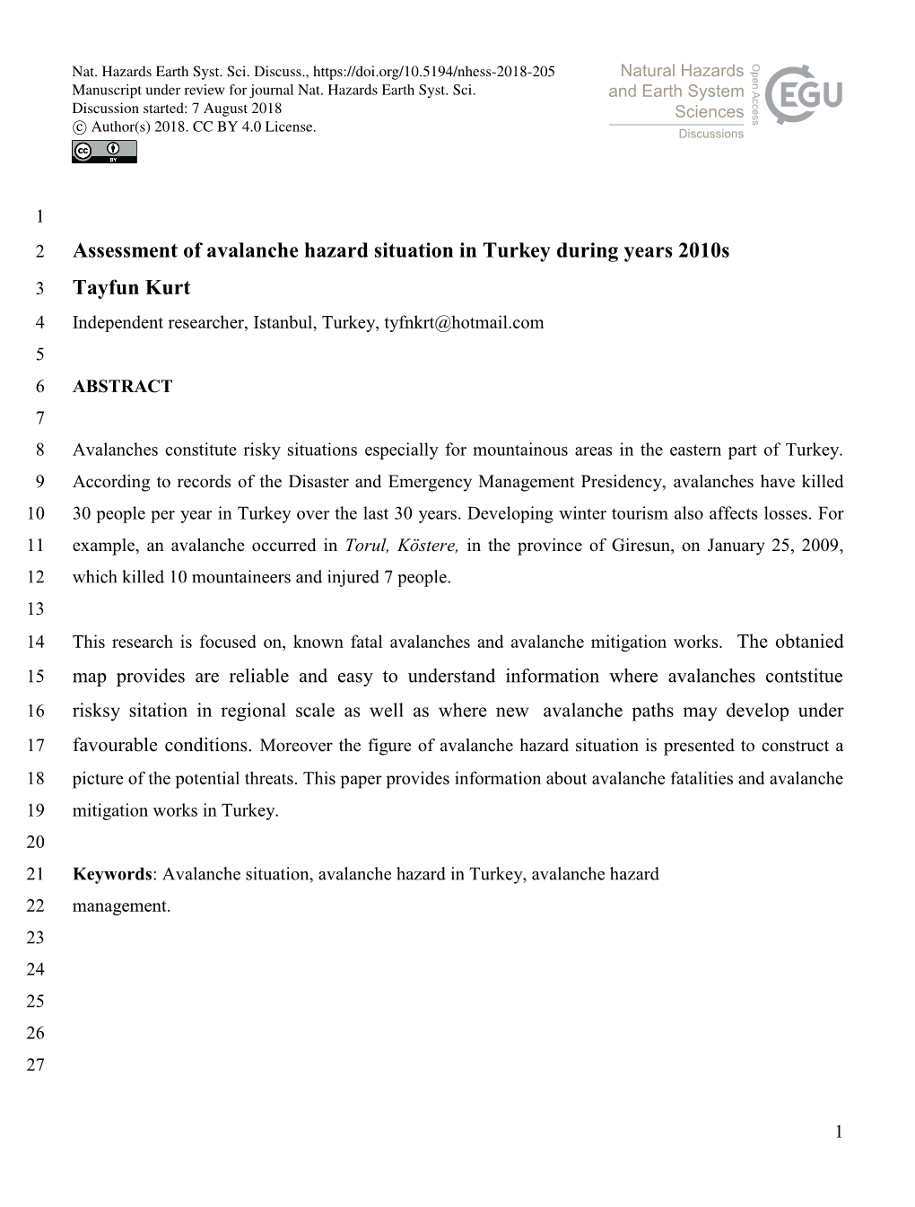 Assessment of Avalanche Hazard Situation in Turkey During Years