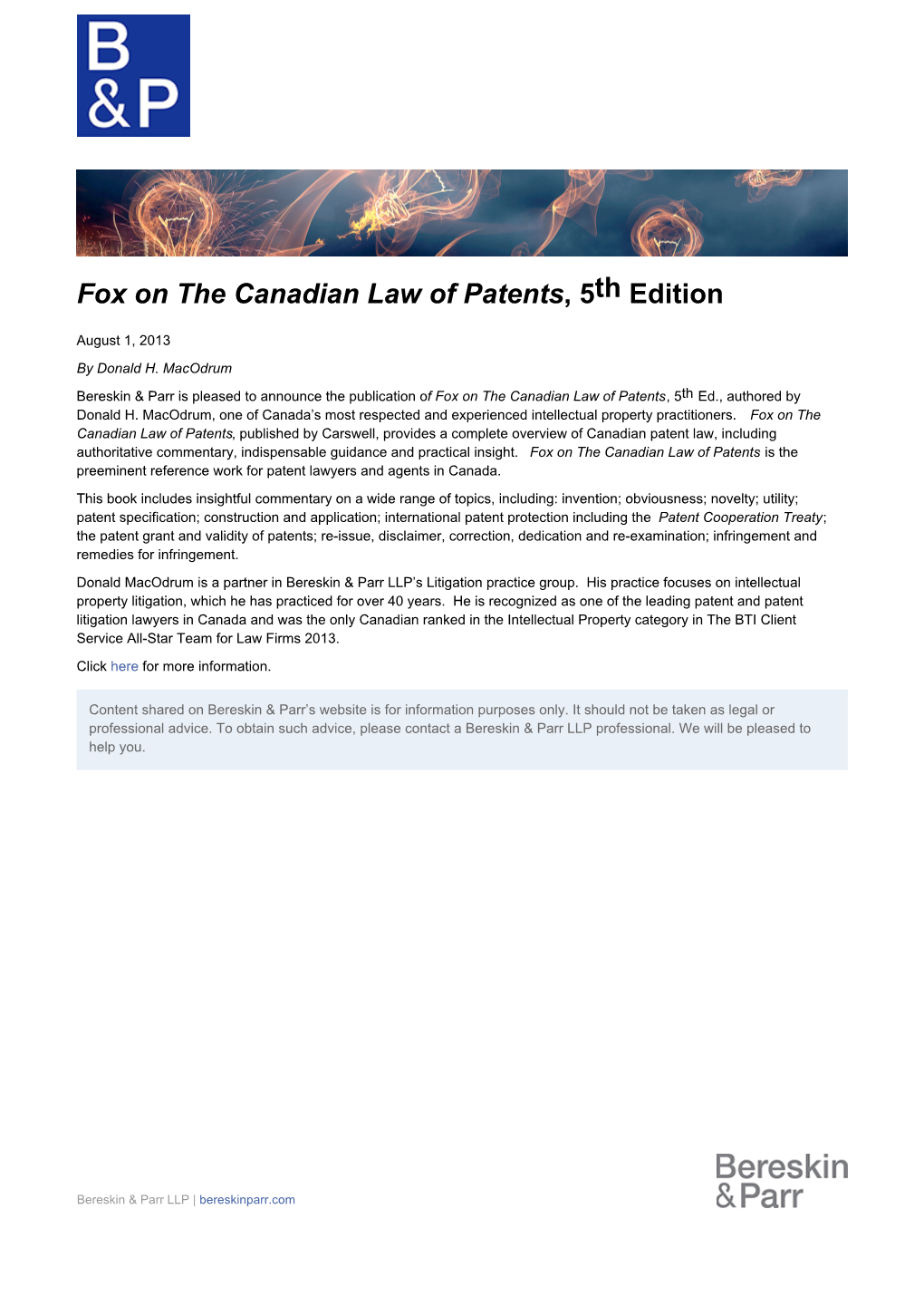 Fox on the Canadian Law of Patents, 5Th Edition