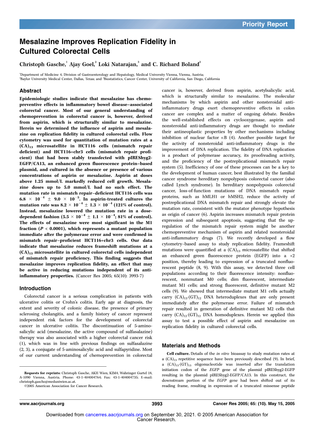 Mesalazine Improves Replication Fidelity in Cultured Colorectal Cells