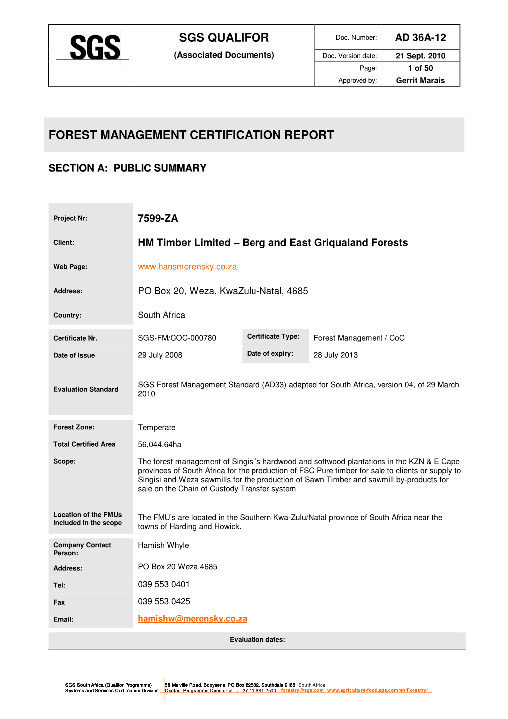 Sgs Qualifor Forest Management Certification Report