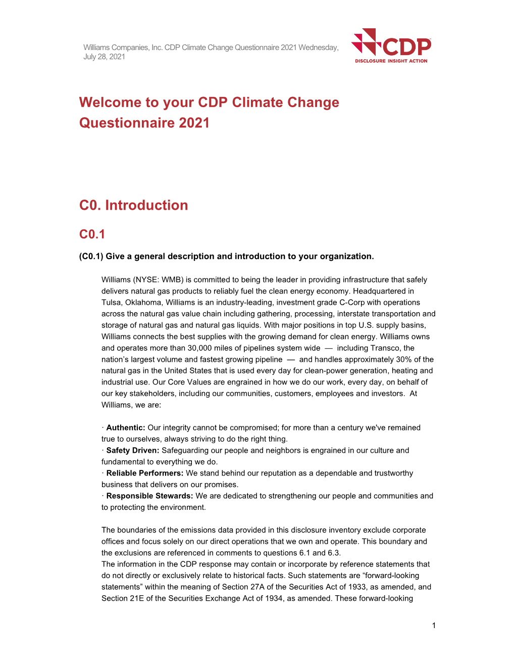 CDP Climate Change Questionnaire 2021 Wednesday, July 28, 2021