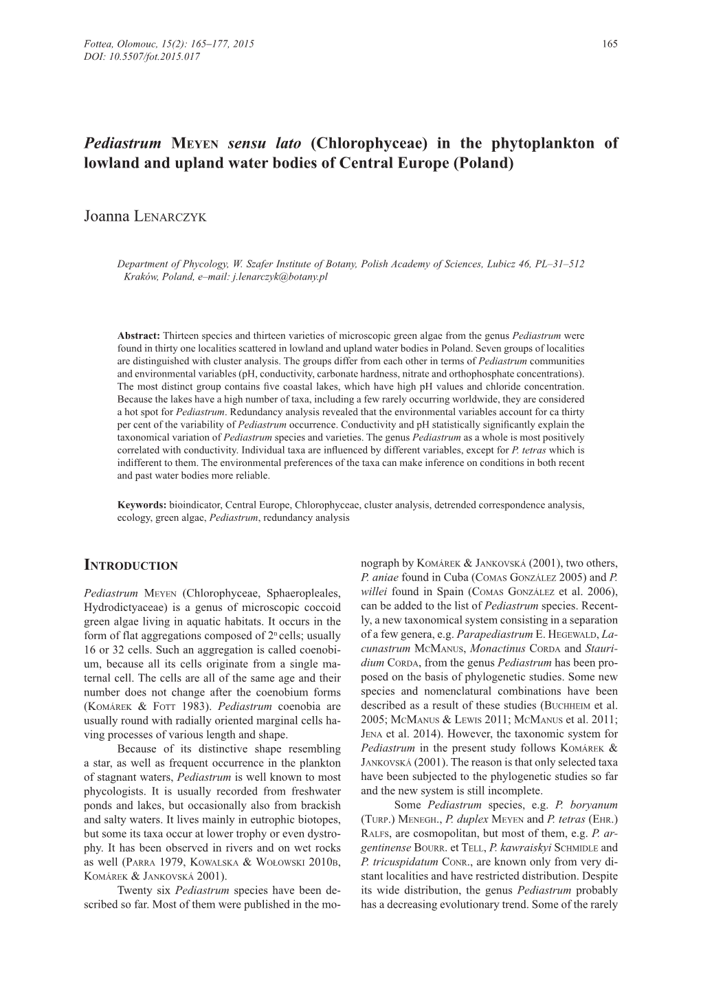 Pediastrum Meyen Sensu Lato (Chlorophyceae) in the Phytoplankton of Lowland and Upland Water Bodies of Central Europe (Poland)