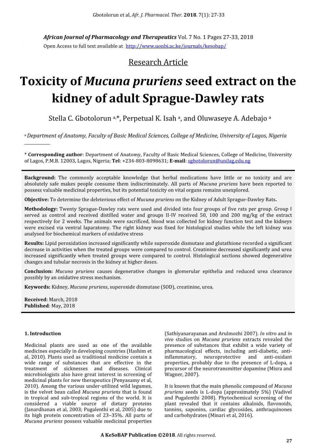 Toxicity of Mucuna Pruriens Seed Extract on the Kidney of Adult Sprague-Dawley Rats