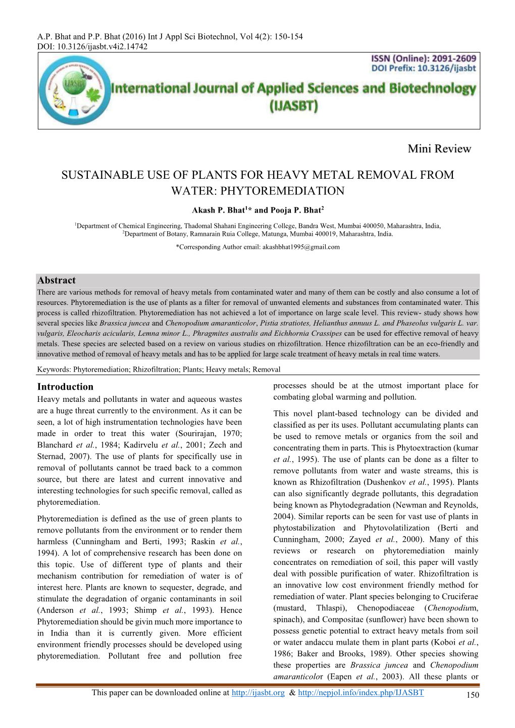 Sustainable Use of Plants for Heavy Metal Removal from Water: Phytoremediation