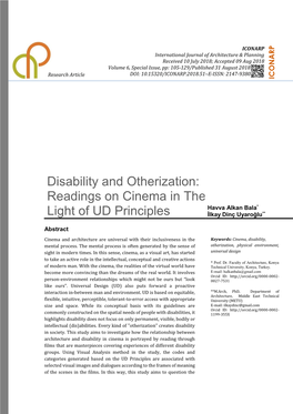 Disability and Otherization: Readings on Cinema in the Havva Alkan Bala* Light of UD Principles İlkay Dinç Uyaroğlu**