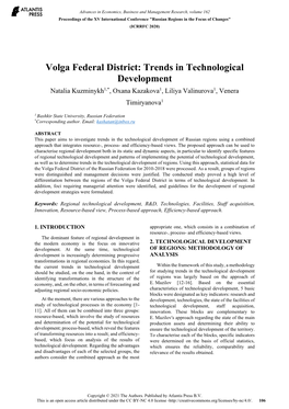 Volga Federal District: Trends in Technological Development Natalia Kuzminykh1,*, Oxana Kazakova1, Liliya Valinurova1, Venera Timiryanova1
