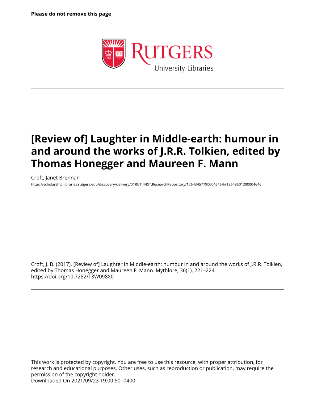 Humour in and Around the Works of JRR Tolkien, Edited by Thomas Honegger and Maureen F