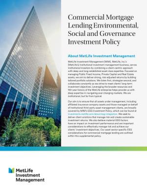 Commercial Mortgage Lending Environmental, Social and Governance Investment Policy