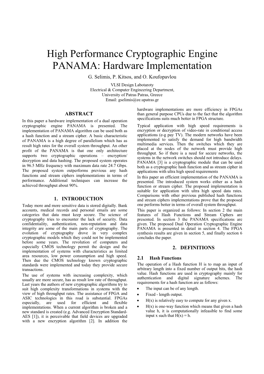 High Performance Cryptographic Engine PANAMA: Hardware Implementation G