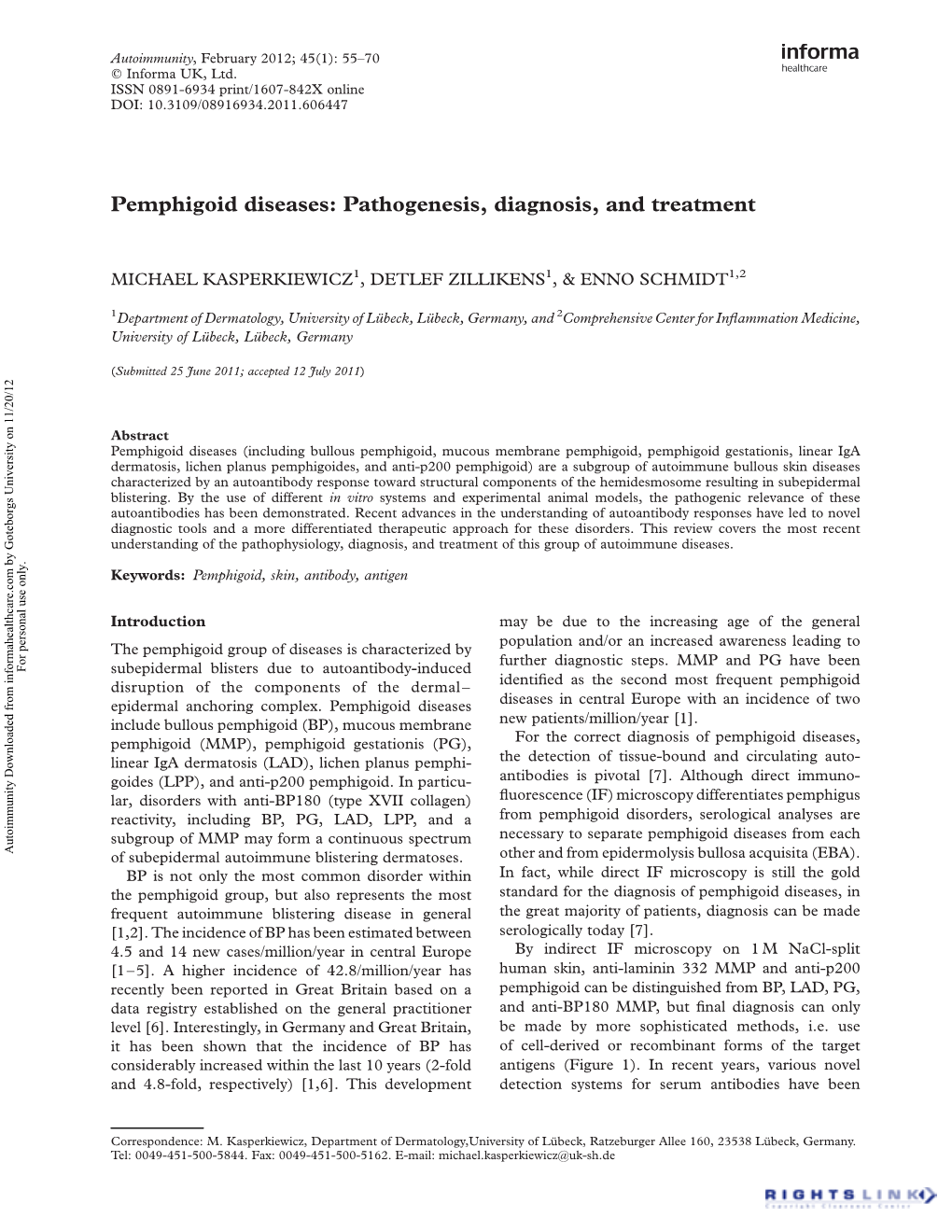 Pemphigoid Diseases: Pathogenesis, Diagnosis, and Treatment