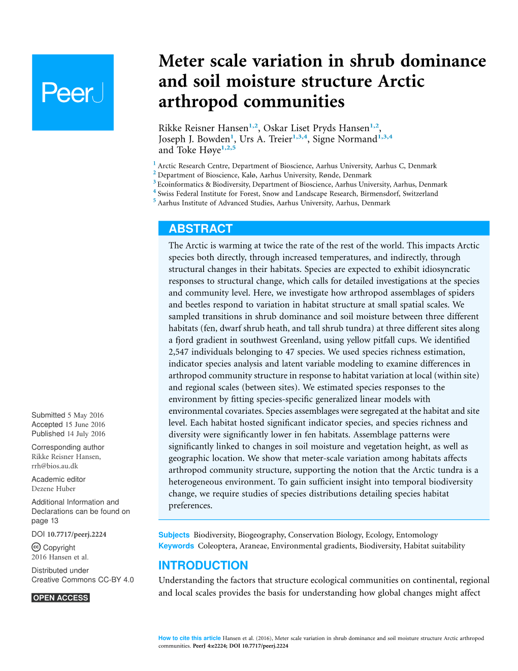 Meter Scale Variation in Shrub Dominance and Soil Moisture Structure Arctic Arthropod Communities