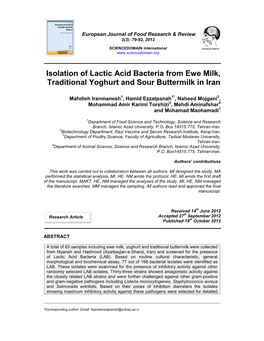 Isolation of Lactic Acid Bacteria from Ewe Milk, Traditional Yoghurt and Sour Buttermilk in Iran