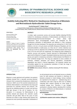 Stability Indicating HPLC Method for Simultaneous Estimation of Rifaximin and Metronidazole Hydrochloride Tablet Dosage Form Panchal Hemanshi*1, Thakkar Divya2 1