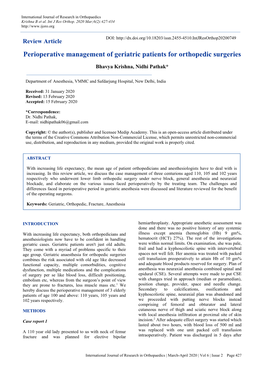 Perioperative Management of Geriatric Patients for Orthopedic Surgeries