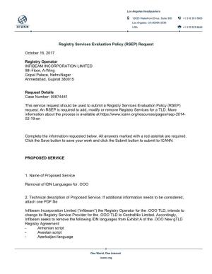 (RSEP) Request October 16, 2017 Registry Operator INFIBEAM INCORPORATION LIMITED 9Th Floor