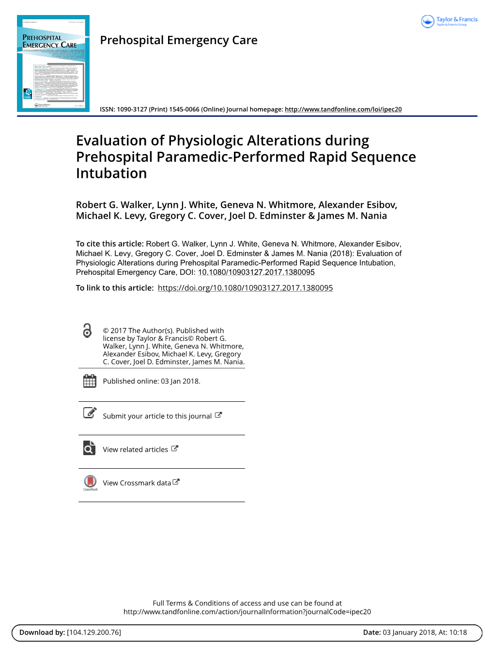 Evaluation of Physiologic Alterations During Prehospital Paramedic-Performed Rapid Sequence Intubation