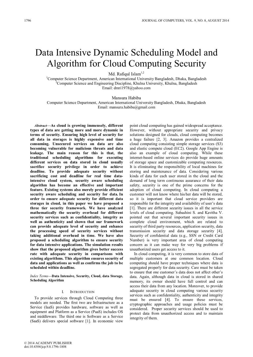 Data Intensive Dynamic Scheduling Model and Algorithm for Cloud Computing Security Md