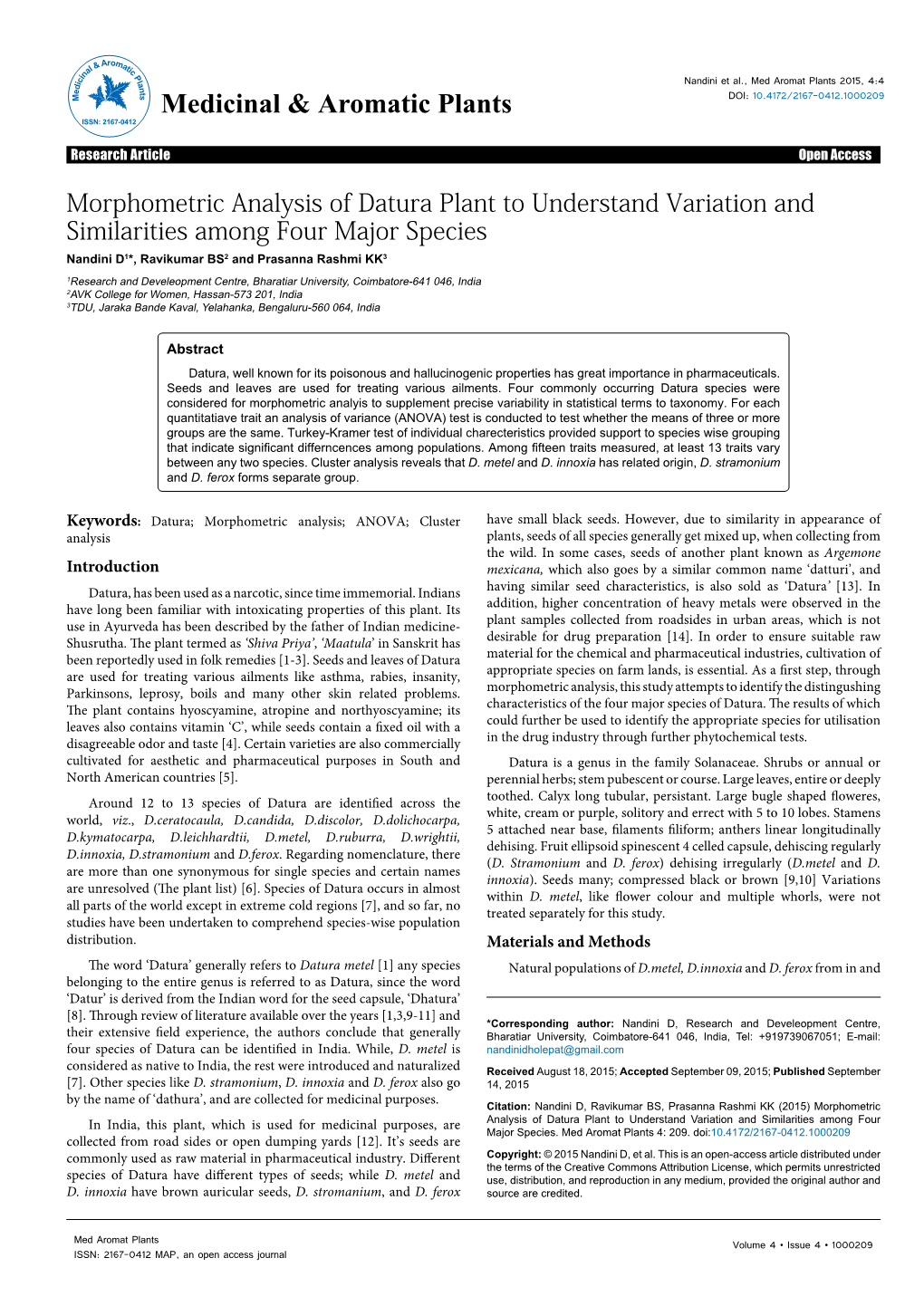 Morphometric Analysis of Datura Plant to Understand Variation and Similarities Among Four Major Species