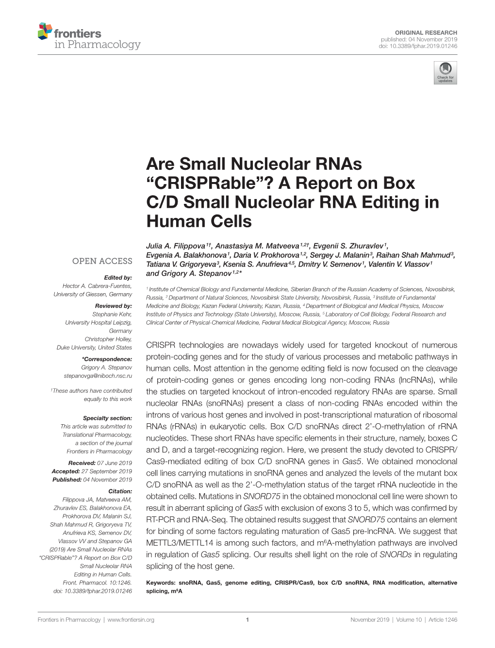 A Report on Box C/D Small Nucleolar RNA Editing in Human Cells
