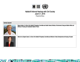 Habitat III Informal Hearings with Civil Society June 6-7, 2016 Panelist Bios