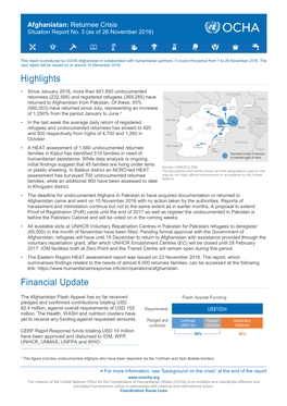 Afghanistan Returnee Crisis Situation Report No 3 27Nov2016