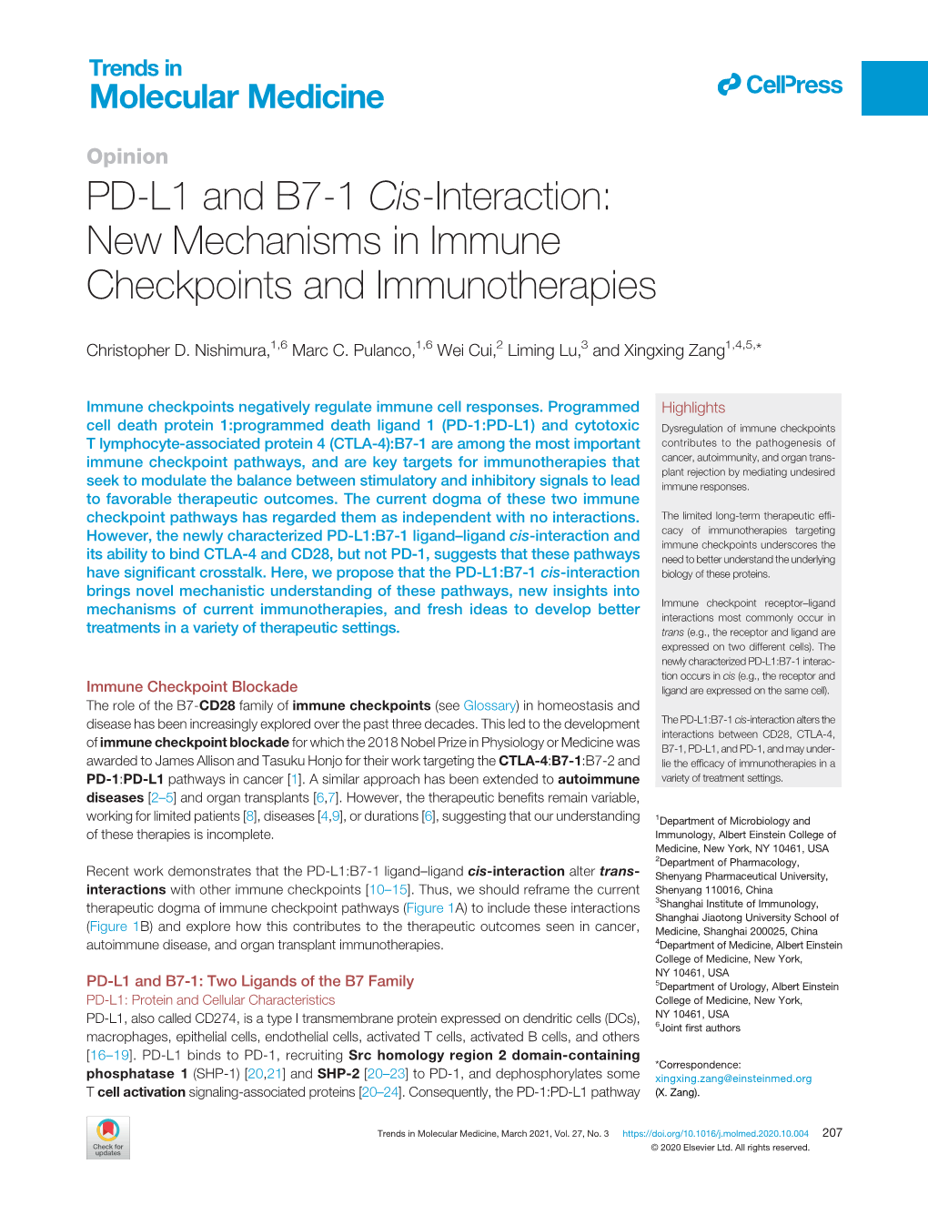 PD-L1 and B7-1 Cis-Interaction: New Mechanisms in Immune Checkpoints and Immunotherapies