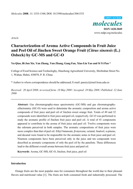 Characterization of Aroma Active Compounds in Fruit Juice and Peel Oil of Jinchen Sweet Orange Fruit (Citrus Sinensis (L.) Osbeck) by GC-MS and GC-O
