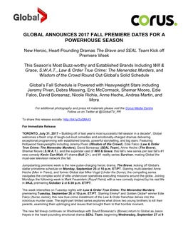 Global Announces 2017 Fall Premiere Dates for a Powerhouse Season