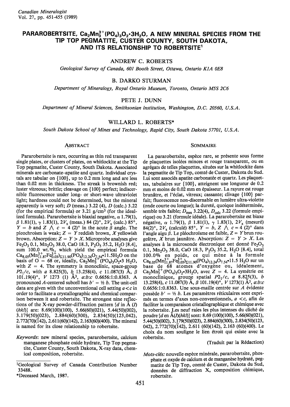 A New Mineralspeciesfromthe Tip Top Pegmatite, Custer County, South Dakota, and Its Relationship to Robertsite'