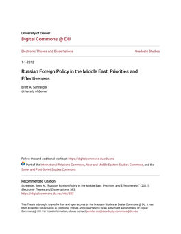 Russian Foreign Policy in the Middle East: Priorities and Effectiveness