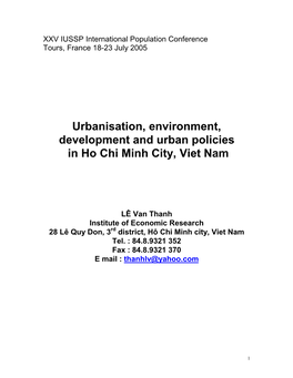 Urbanisation, Environment, Development and Urban Policies in Ho Chi Minh City, Viet Nam
