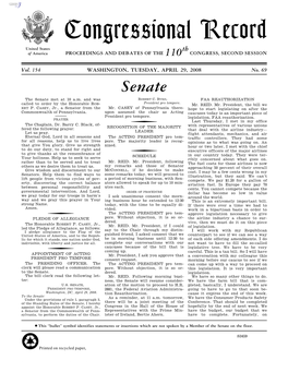 Congressional Record United States Th of America PROCEEDINGS and DEBATES of the 110 CONGRESS, SECOND SESSION