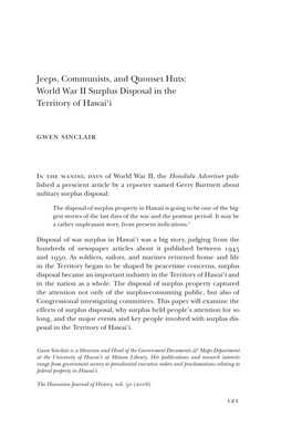 Jeeps, Communists, and Quonset Huts: World War II Surplus Disposal in the Territory of Hawai‘I Gwen Sinclair