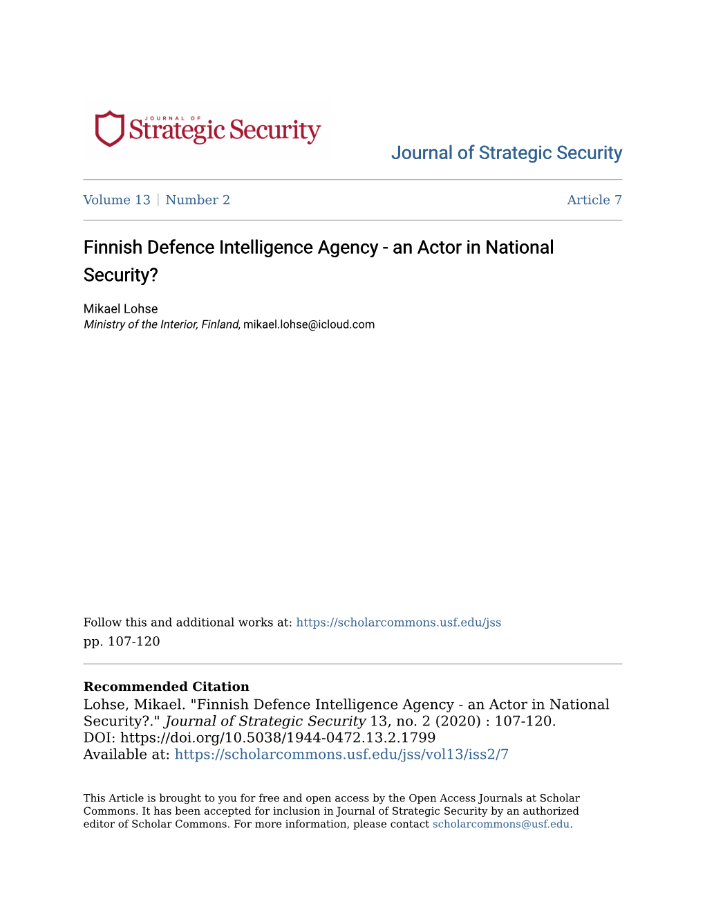 Finnish Defence Intelligence Agency - an Actor in National Security?
