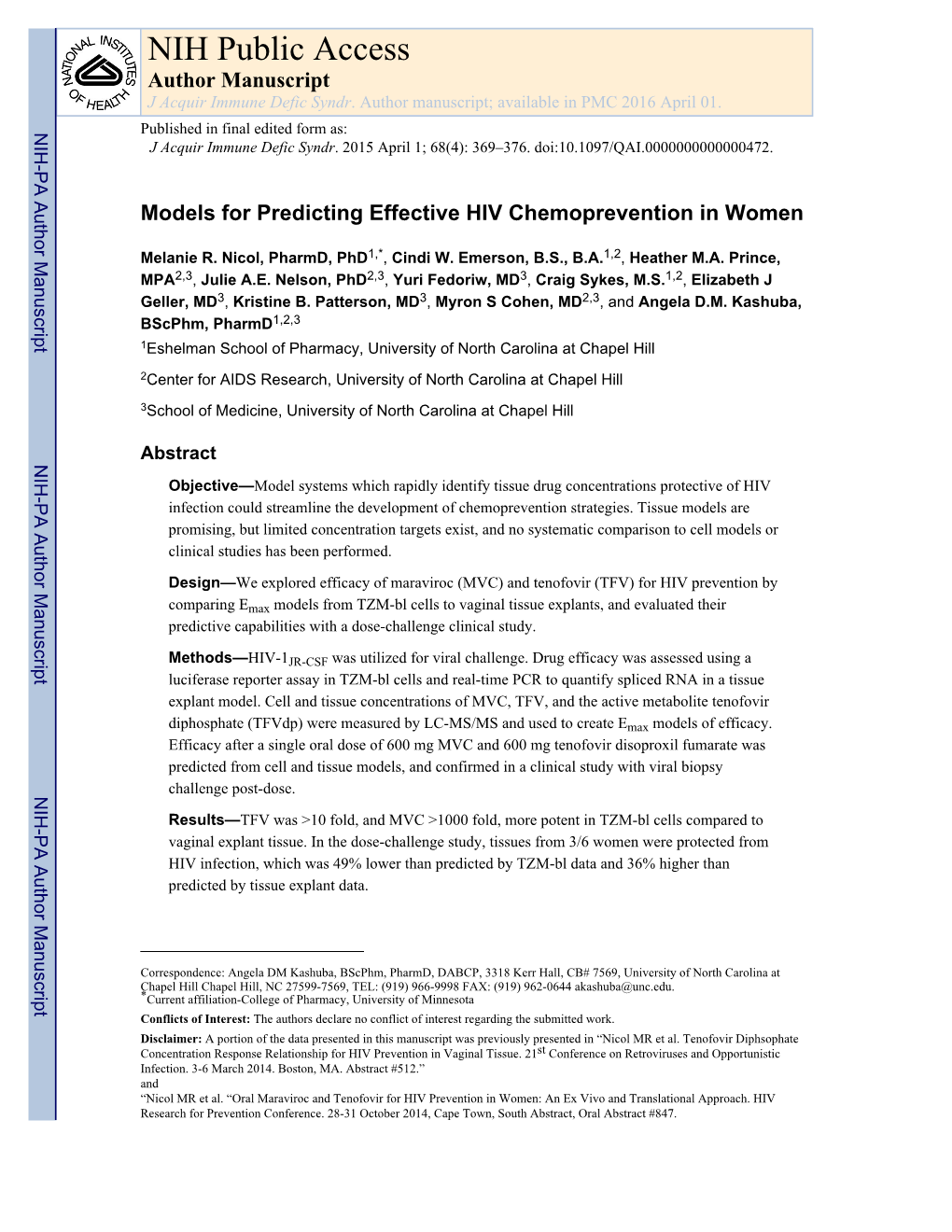 Models for Predicting Effective HIV Chemoprevention in Women