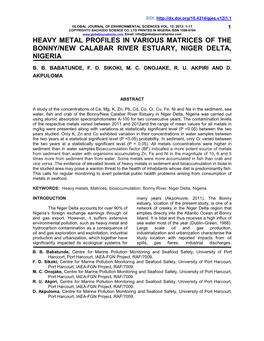 Heavy Metal Profiles in Various Matrices of the Bonny/New Calabar River Estuary, Niger Delta, Nigeria
