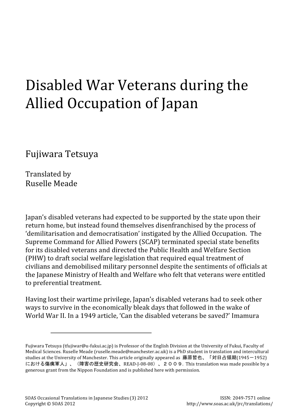 Disabled War Veterans During the Allied Occupation of Japan