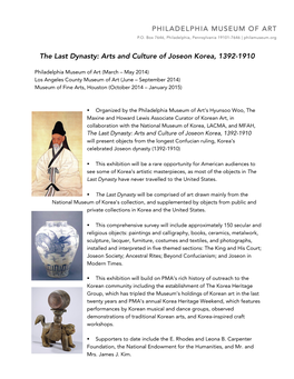 The Last Dynasty: Arts and Culture of Joseon Korea, 1392-1910