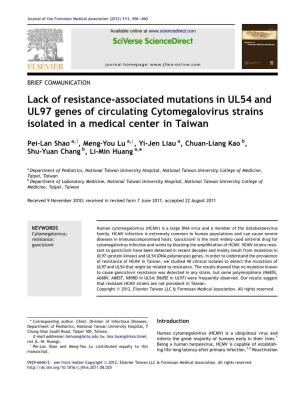 Lack of Resistance-Associated Mutations in UL54 and UL97 Genes of Circulating Cytomegalovirus Strains Isolated in a Medical Center in Taiwan